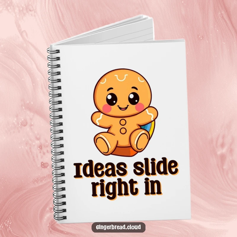 Funny notebook featuring a cheerful gingerbread character with big eyes sliding down a rainbow.