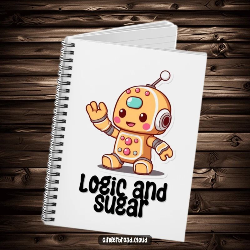Funny notebook featuring a gingerbread robot character waving a sugary antenna, perfect for jotting down ideas.