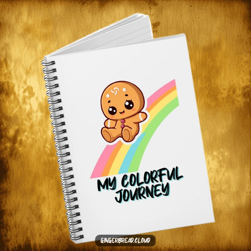 Funny notebook cover featuring a cheerful gingerbread character with big eyes, sliding down a rainbow, ready to be filled.