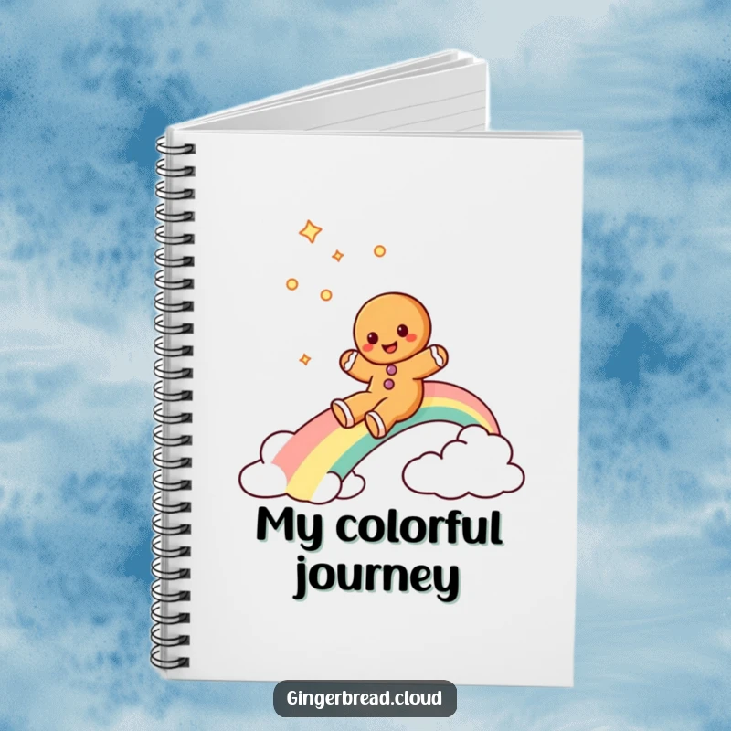 Funny gingerbread cookie notebook with a cover depicting a gingerbread cookie character sliding down a rainbow, for joyful note-taking.