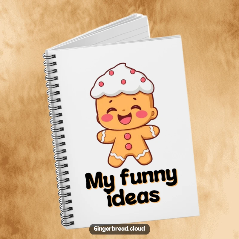 Funny notebook: A gingerbread person with frosting hair laughs heartily, a fun companion for note-taking.