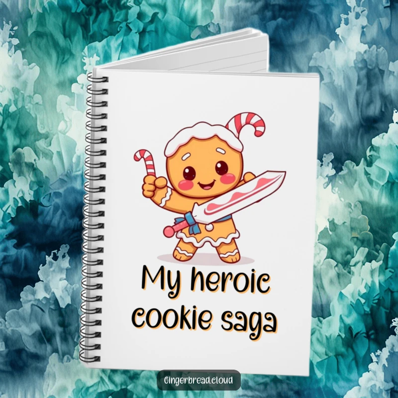 Funny notebook with a gingerbread knight holding a candy cane sword, ideal for jotting down heroic plans.