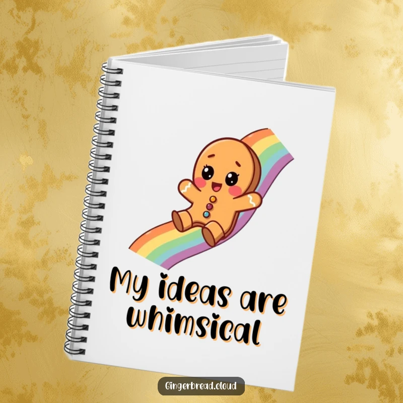Funny notebook cover depicting a gingerbread cookie surprised while sliding down a rainbow, ideal for festive journaling.