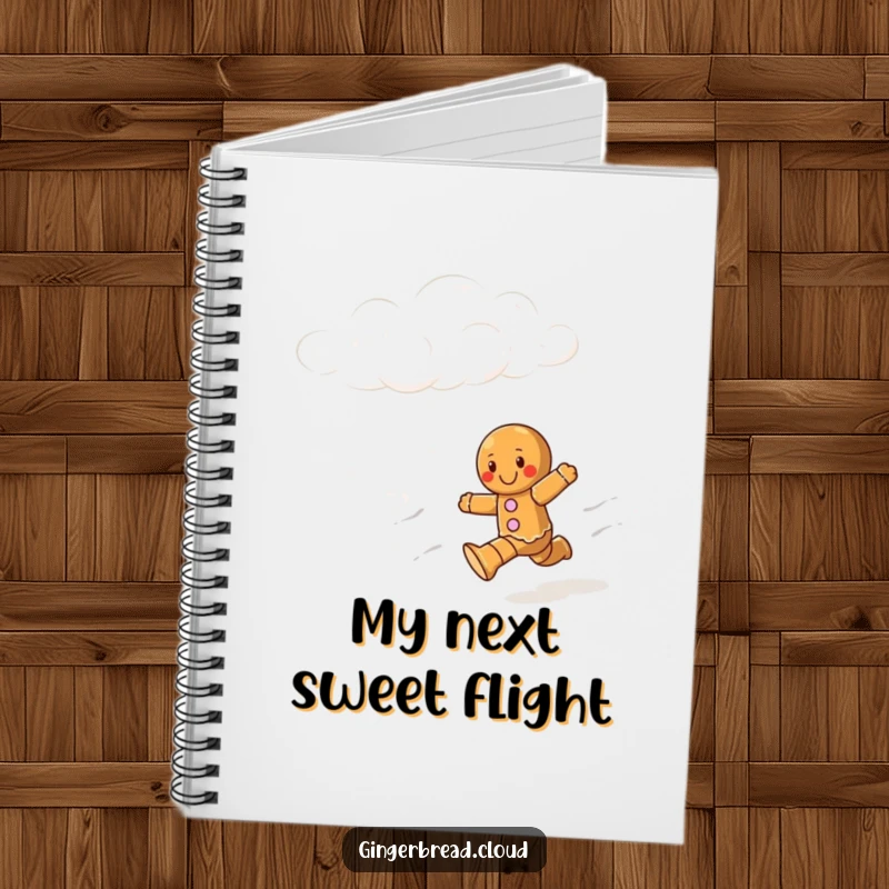 Funny notebook cover with a gingerbread character joyfully running through a whimsical, cloud-filled sky.