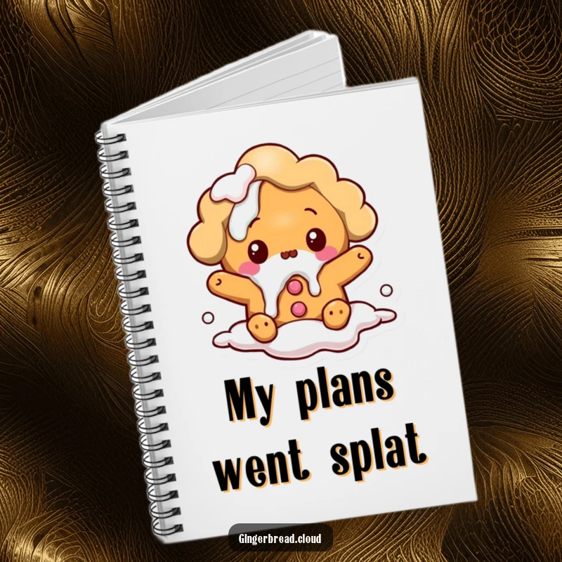 Funny notebook: A surprised gingerbread cloud character spills icing, a humorous companion for note-taking.