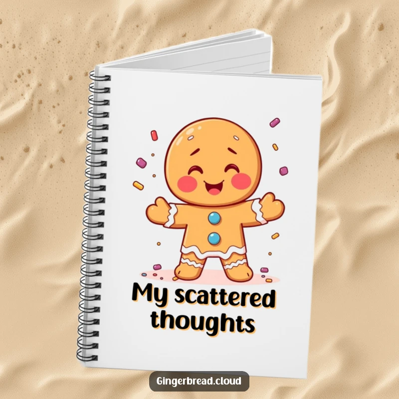 Funny notebook with a gingerbread man juggling candy sprinkles, ready for your creative thoughts.