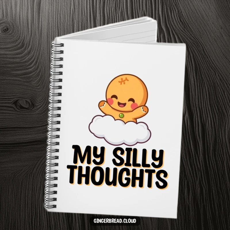 Funny notebook featuring a gingerbread character giggling on a cloud, ideal for journaling happy thoughts and creative ideas.