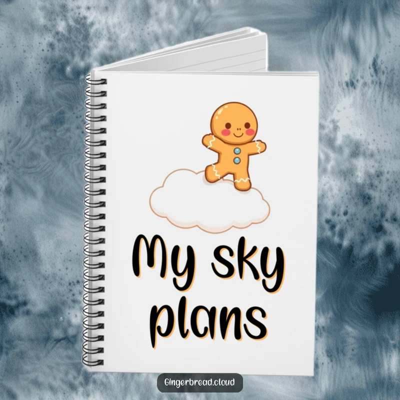 Funny lopsided gingerbread man comically attempts to hop onto a cloud on this notebook, ideal for jotting down humorous aspirations.