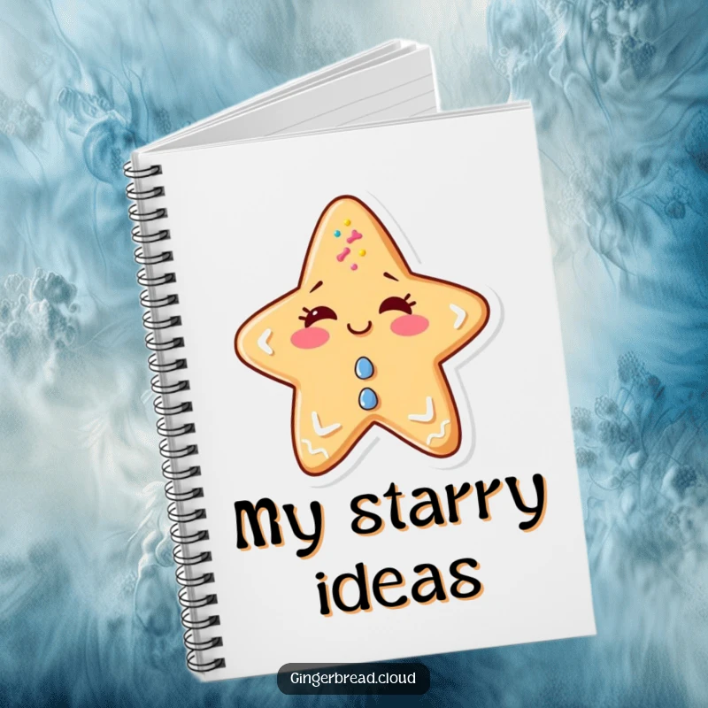 Funny notebook with a mischievous anthropomorphic gingerbread star winking, perfect for journaling or notes.