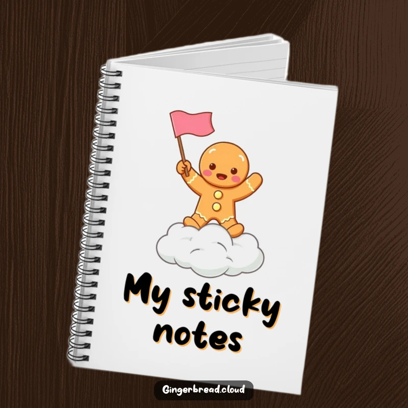 Funny notebook featuring a gingerbread character waving a flag from a cloud, perfect for jotting down notes and holiday ideas.