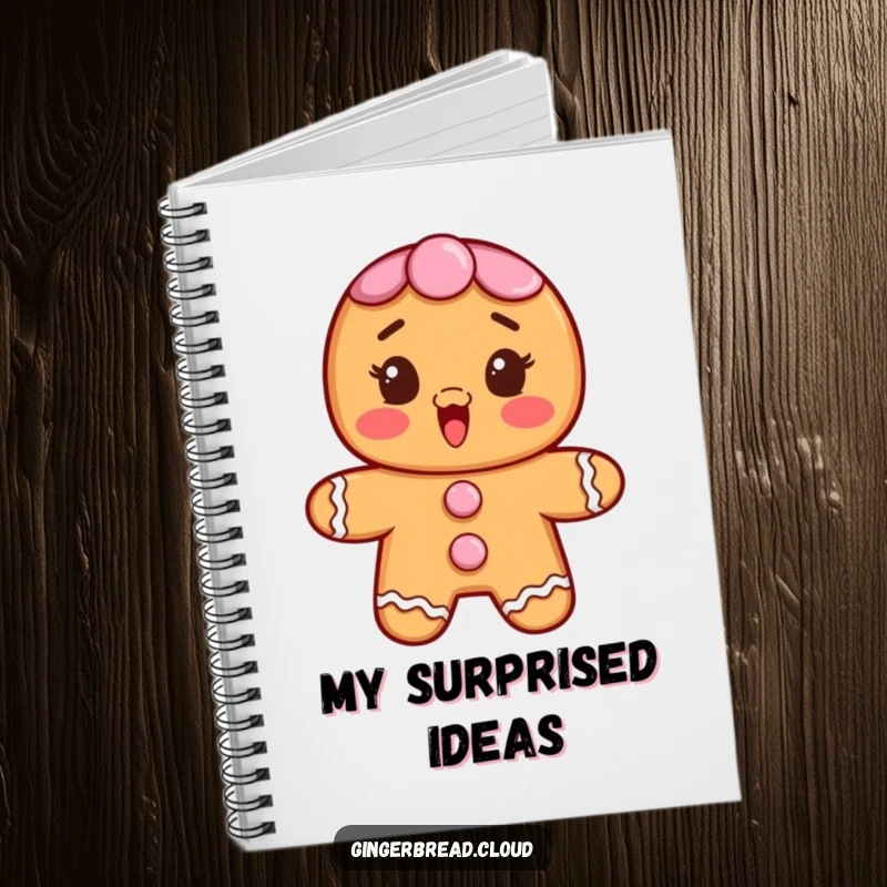 Funny notebook cover with a gingerbread character whose frosting buttons enhance its surprised and delighted look.