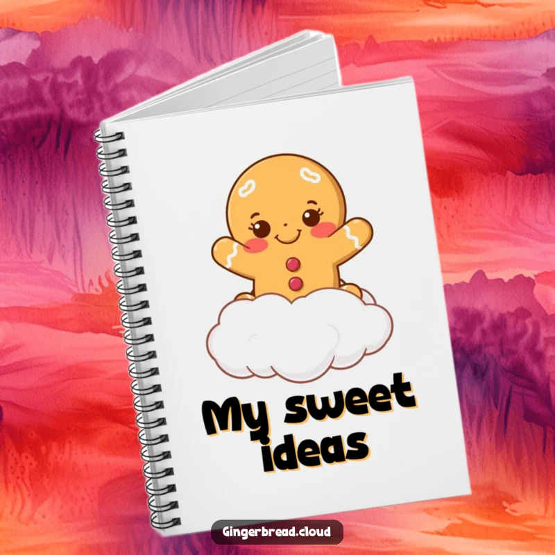Funny smiling gingerbread cookie leaping from a cloud on the cover of a notebook. Ideal for jotting notes with a holiday theme.