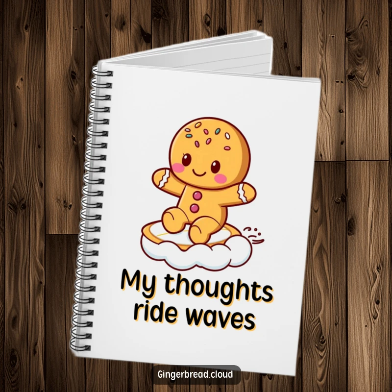Funny Notebook: Lined pages featuring a cute gingerbread cookie with sprinkles, surfing on a cloud like a surfboard.