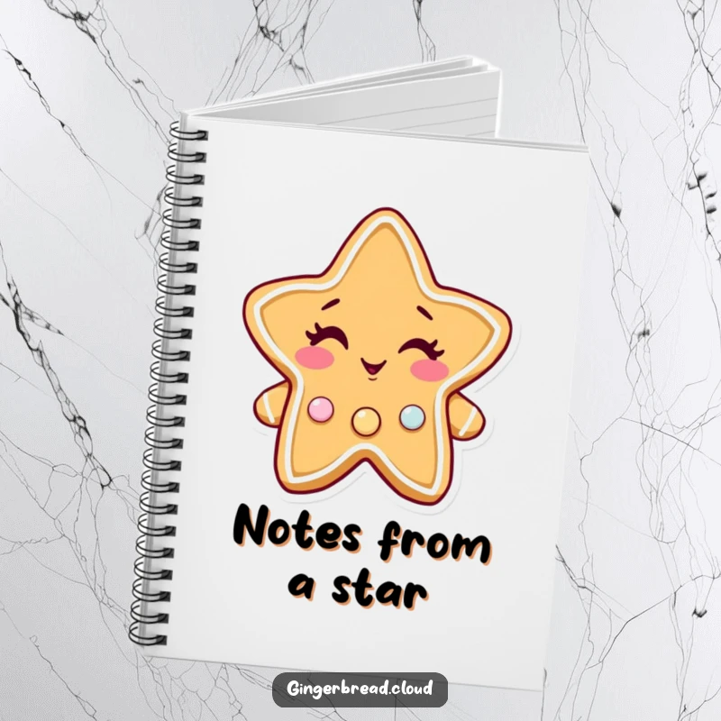 Funny gingerbread star notebook, a winking character adorned with twinkling candy buttons, ideal for notes and journaling.