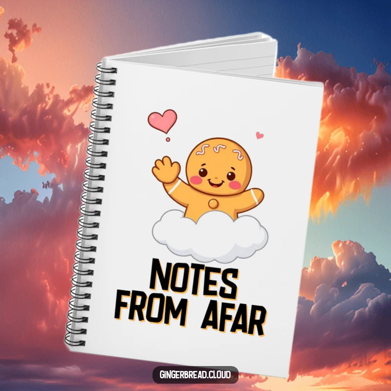Funny gingerbread character waving goodbye while floating on a cloud, on the cover of a lined notebook.