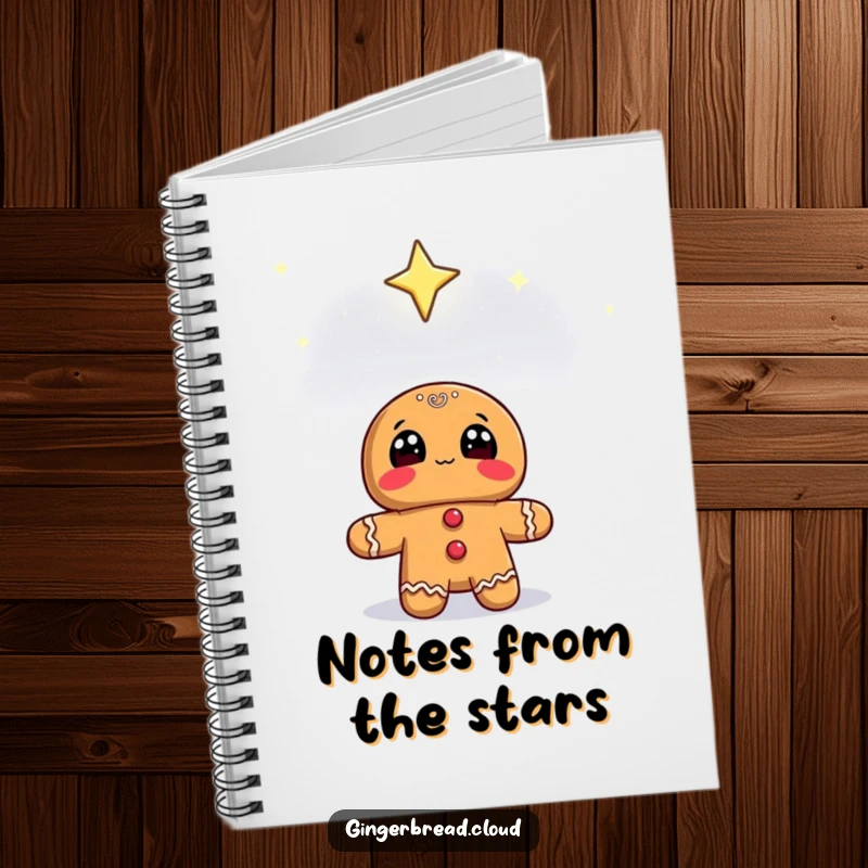 Funny gingerbread character looking up at a starry sky, on the cover of a lined notebook.