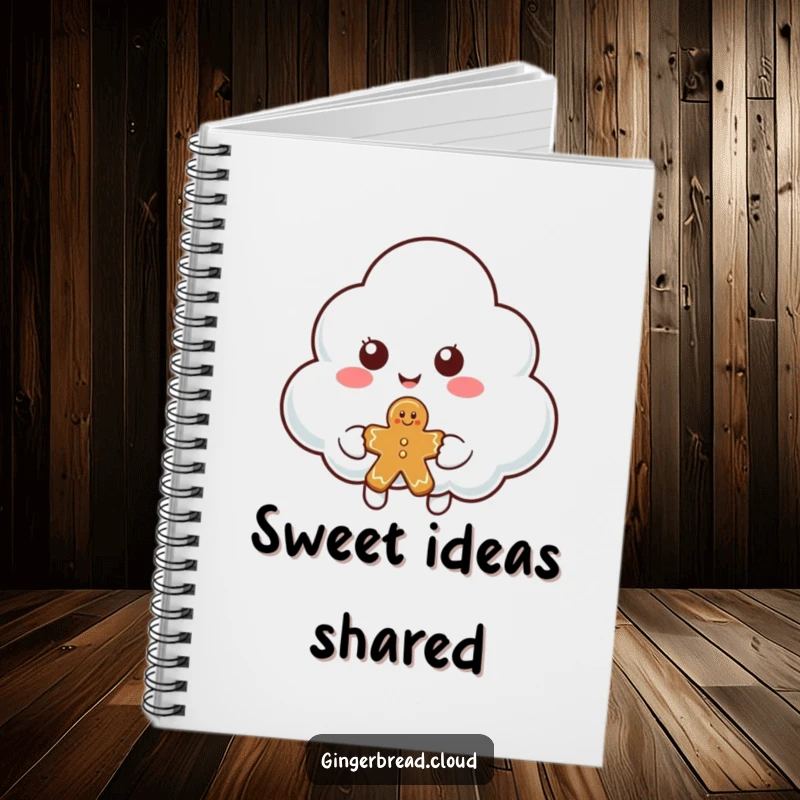 Funny cloud character notebook with a cover depicting a smiling cloud offering a piece of gingerbread, for kind note-taking.