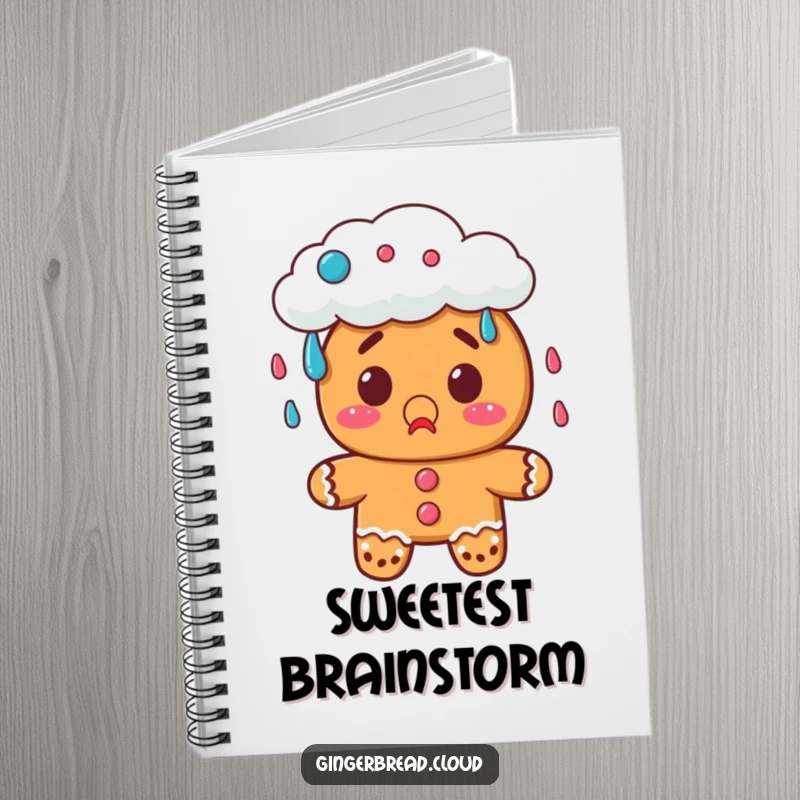 Funny gingerbread notebook with a surprised character watching a cloud rain candy, ideal for note-taking.