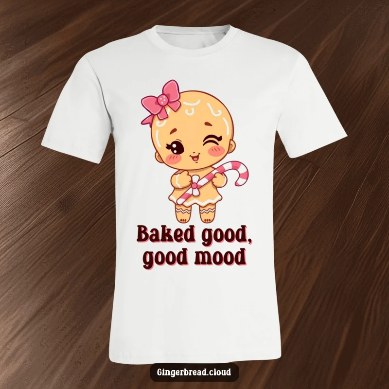 Funny gingerbread girl winking with a candy cane, printed on a comfortable t-shirt for festive and humorous wear.