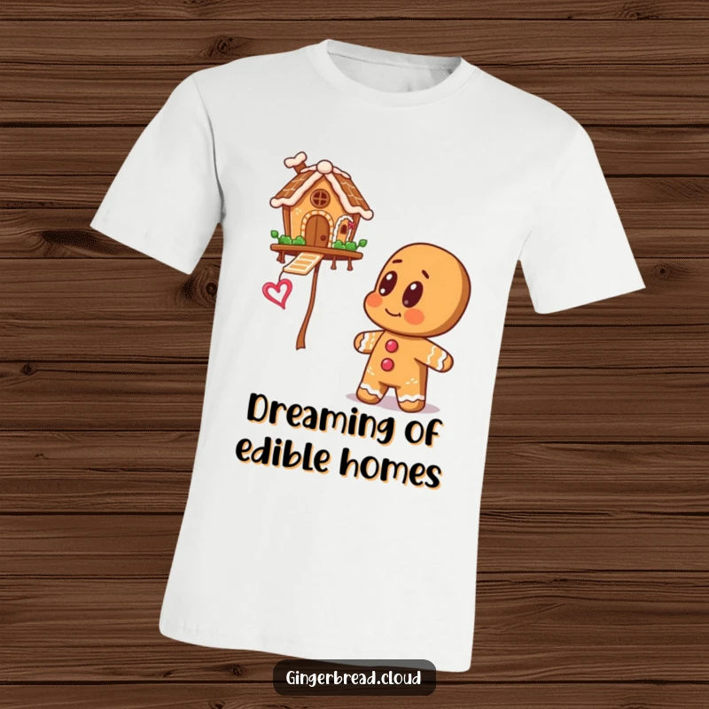 A gingerbread cookie character with oversized eyes looking up in amazement at a whimsical gingerbread house suspended in the air, on a t-shirt.