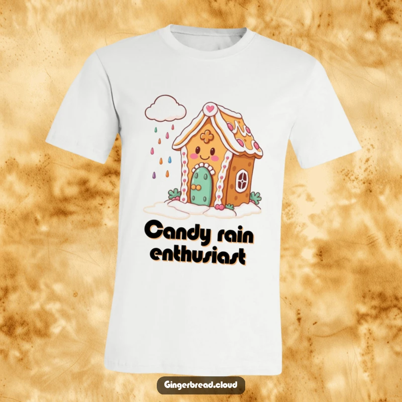 Funny T-Shirt: Happy gingerbread house with icing delightedly watching a cloud pour down colorful candies.