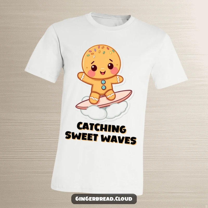 Funny Gingerbread Cookie T-Shirt: A cute gingerbread character with sprinkles surfs a cloud, showcasing a funny and rad vibe.