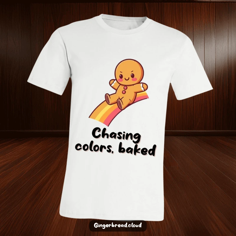 Funny gingerbread character sliding down a rainbow on a t-shirt. Captures pure magic and whimsical adventure.