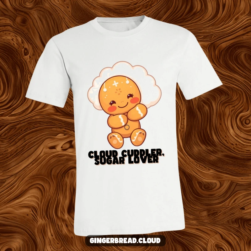 Funny t-shirt showing a cute gingerbread man embracing a happy cloud, symbolizing warmth, friendship, and pure joy.