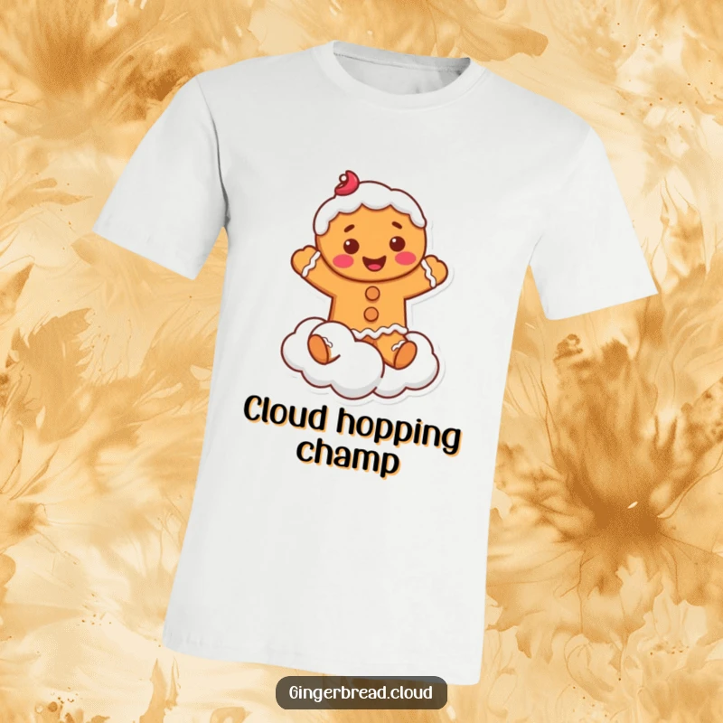 Funny T-Shirt: Smiling gingerbread man with frosting, happily jumping and performing acrobatics on a cloud.