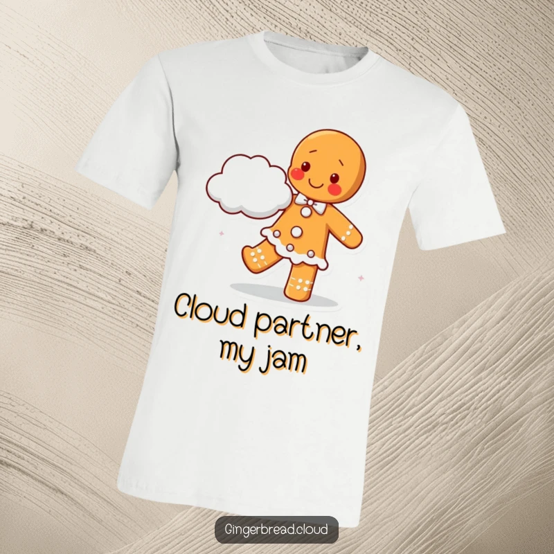 A happy gingerbread cookie character dancing enthusiastically with a soft cloud as a partner, printed on a t-shirt for joyful wear.