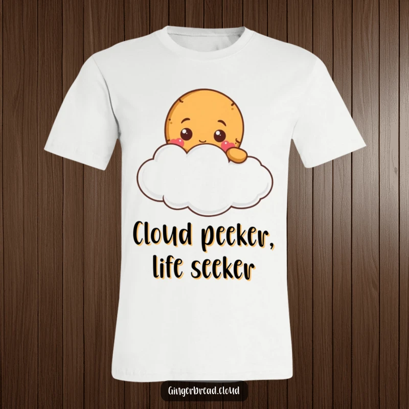 Funny gingerbread character peeking from behind a soft white cloud on a comfortable t-shirt.