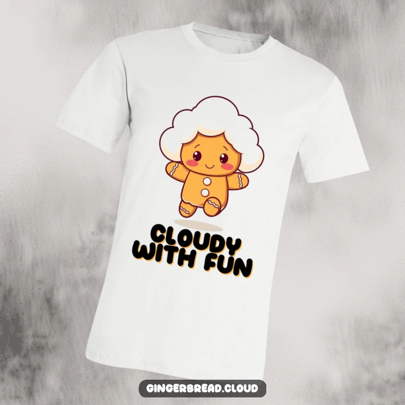 Funny t-shirt depicting a gingerbread cloud character energetically bouncing, radiating pure fun and playful energy.