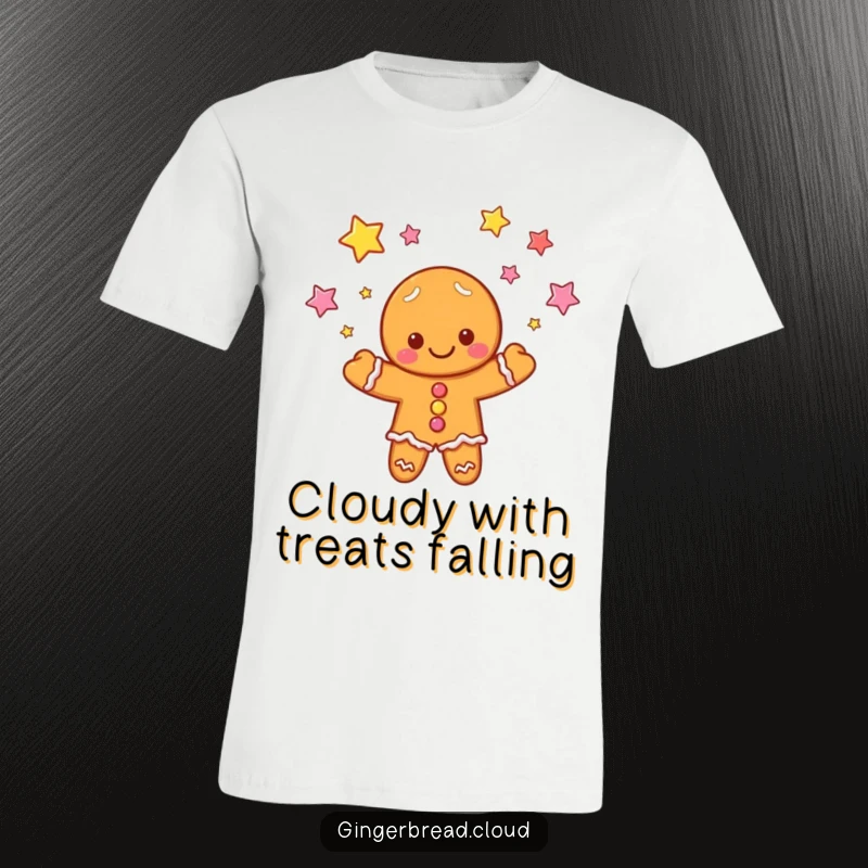 Funny t-shirt: A cloud-shaped gingerbread character juggles shiny candy stars, emitting an aura of playful fun and joy.