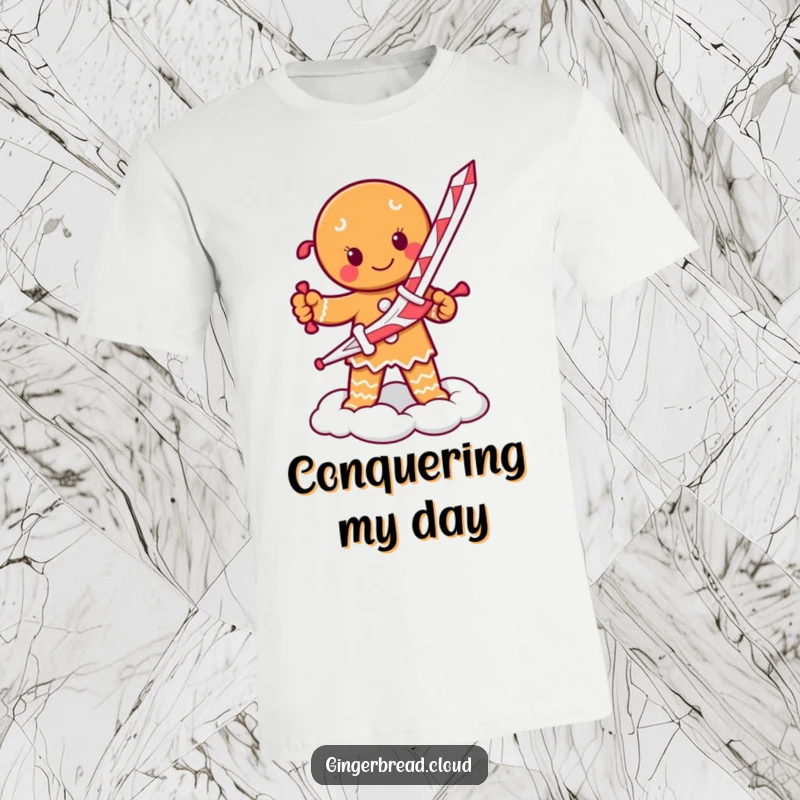 Funny t-shirt featuring a determined gingerbread person with a candy cane sword, standing confidently on a cloud.