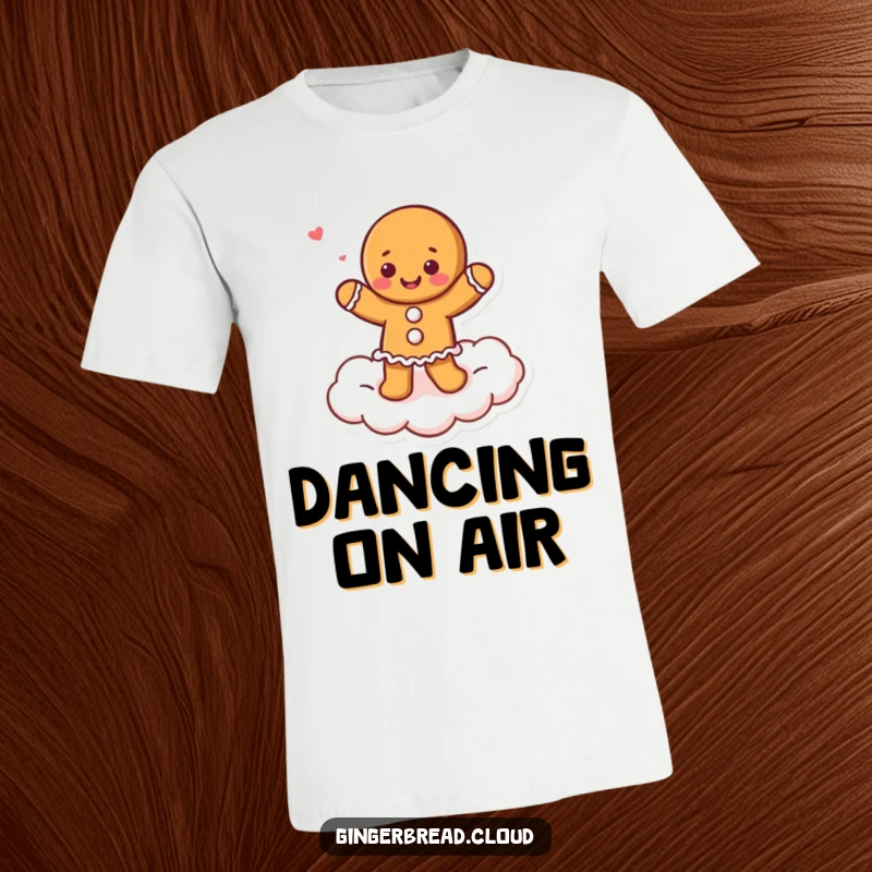 Funny gingerbread dancer t-shirt character doing a silly dance on a fluffy cloud, playful and lighthearted.