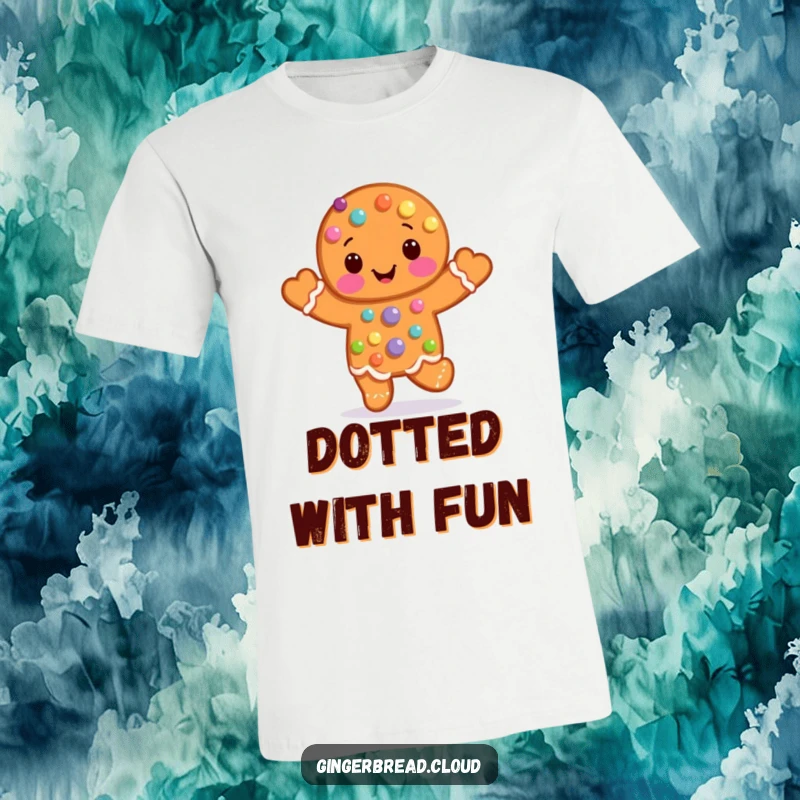 Funny T-Shirt featuring a joyful gingerbread man covered in colorful candy dots, joyfully hopping with excitement.