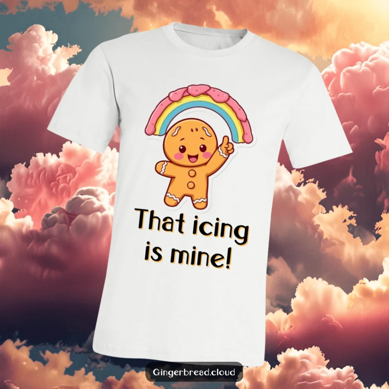 An excited gingerbread cookie character pointing towards a beautiful rainbow crafted from icing, printed on a t-shirt for colorful expression.