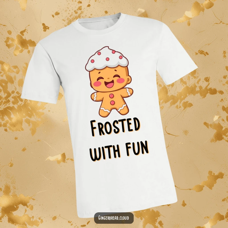 Funny t-shirt: A gingerbread character with stylish frosting hair laughs heartily, radiating contagious joy.