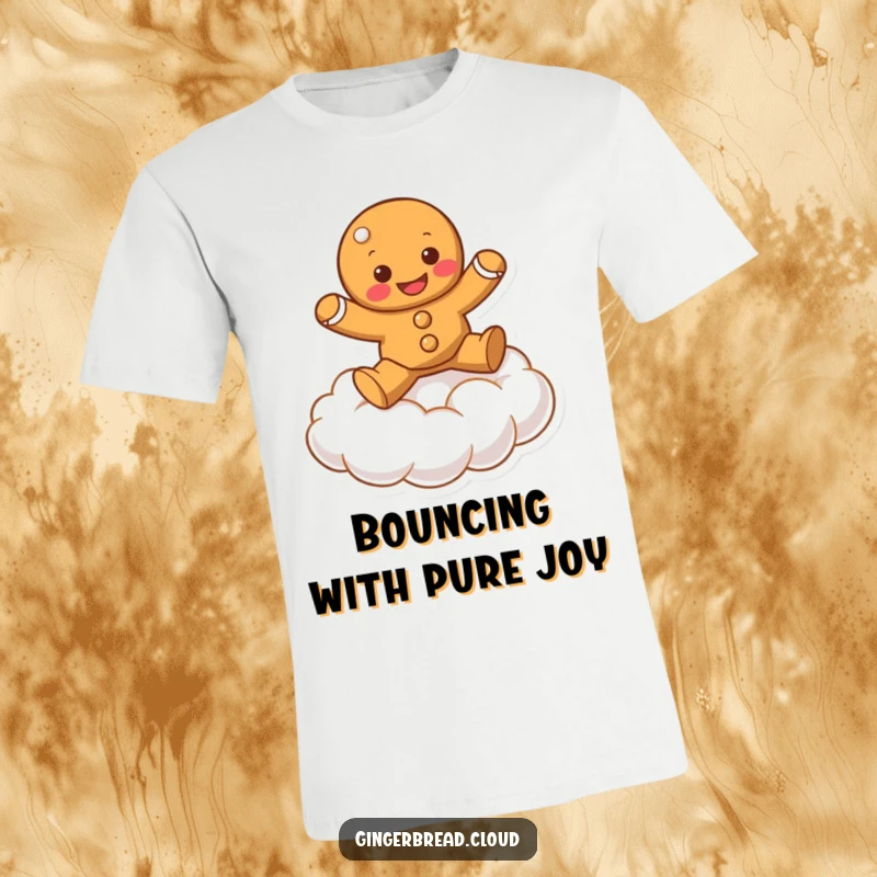 Funny gingerbread character bouncing gleefully on a fluffy cloud, featured on a comfortable t-shirt.
