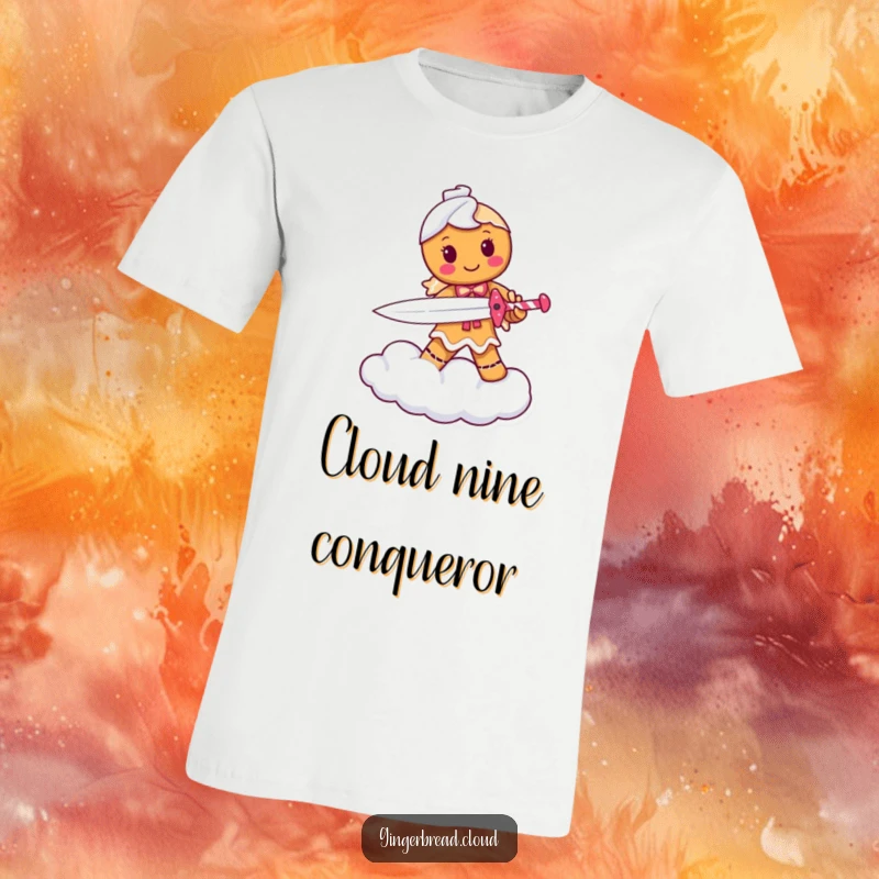 Funny t-shirt with a determined gingerbread person warrior holding a candy cane sword, standing triumphantly on a cloud, ready to fight.