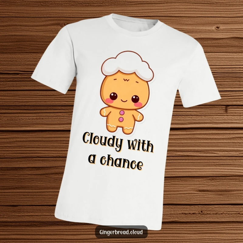 Funny t-shirt print of a gingerbread character donning a small cloud hat, a cute and whimsical design.