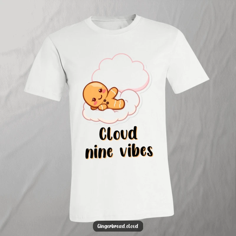 Funny gingerbread cookie t-shirt showing a cute character joyfully sliding down a fluffy cloud, full of sweet delight.