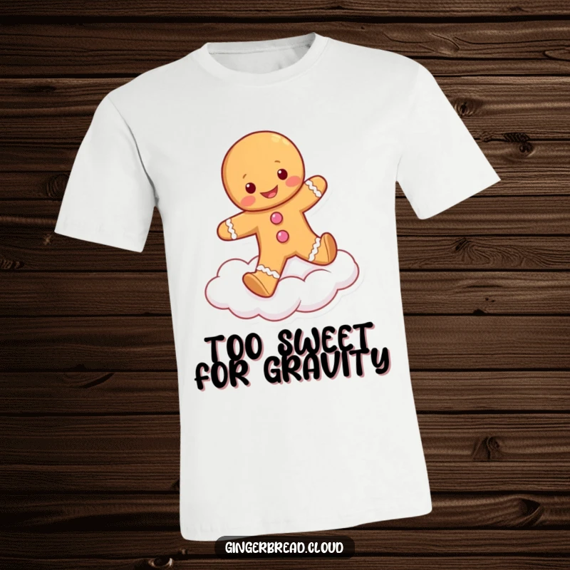 Funny t-shirt showcasing a fluffy gingerbread person skipping with delight atop a whimsical cloud, radiating pure, unadulterated joy.