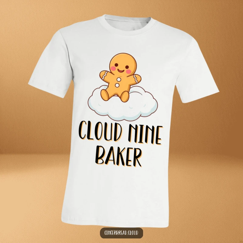 Funny gingerbread cookie t-shirt featuring a happy gingerbread man character joyfully floating on a fluffy white cloud.