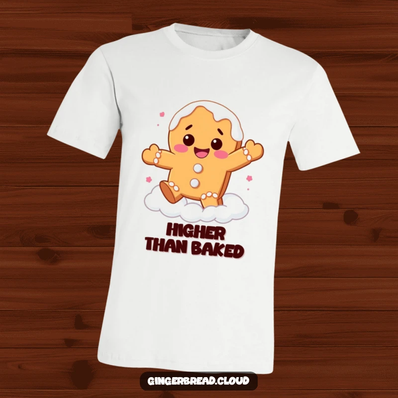Funny gingerbread cookie t-shirt featuring a character with frosting drips joyfully bouncing on fluffy white clouds, embodying sweet delight.