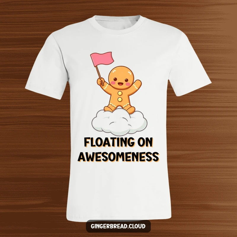Funny gingerbread character enthusiastically waving a small flag while perched on a soft cloud, a delightful holiday t-shirt design.