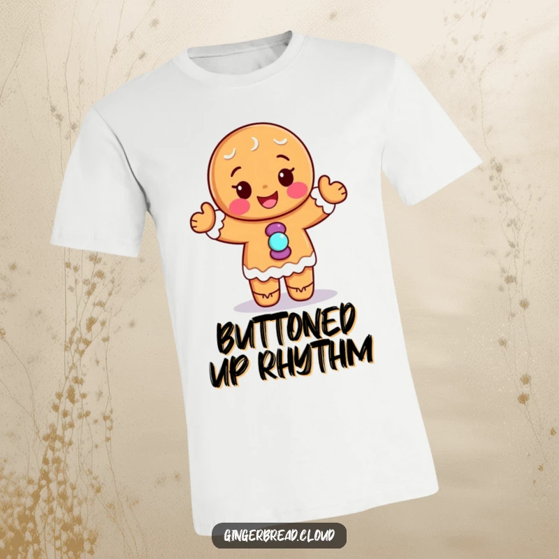 Funny t-shirt: A gingerbread character with candy buttons is captured mid-dance, full of infectious energy and joy.