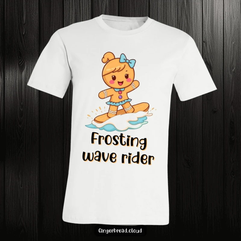 Funny gingerbread girl joyfully surfing a creamy frosting wave, embodying sweet holiday fun and laughter, ideal for any occasion.