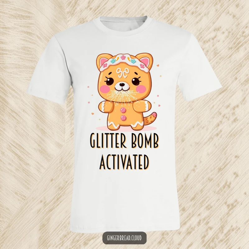 Funny gingerbread animal t-shirt, mid-sneeze with edible glitter, cute and comical holiday apparel, ideal funny gift.