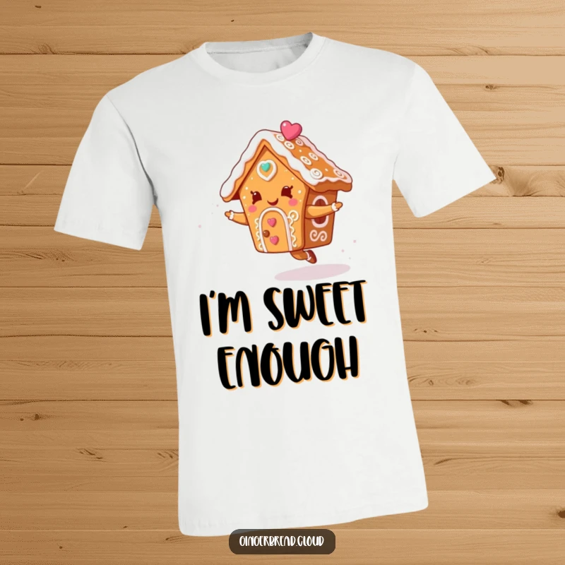 Funny t-shirt showcasing a gingerbread house with vibrant icing swirls joyfully dancing in a whimsical sky.